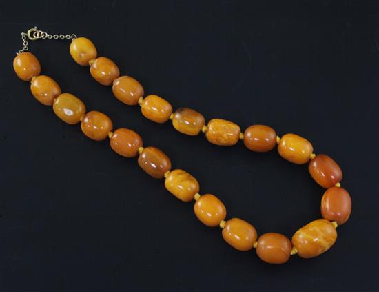 A single strand graduated ovoid amber bead necklace, 38cm.